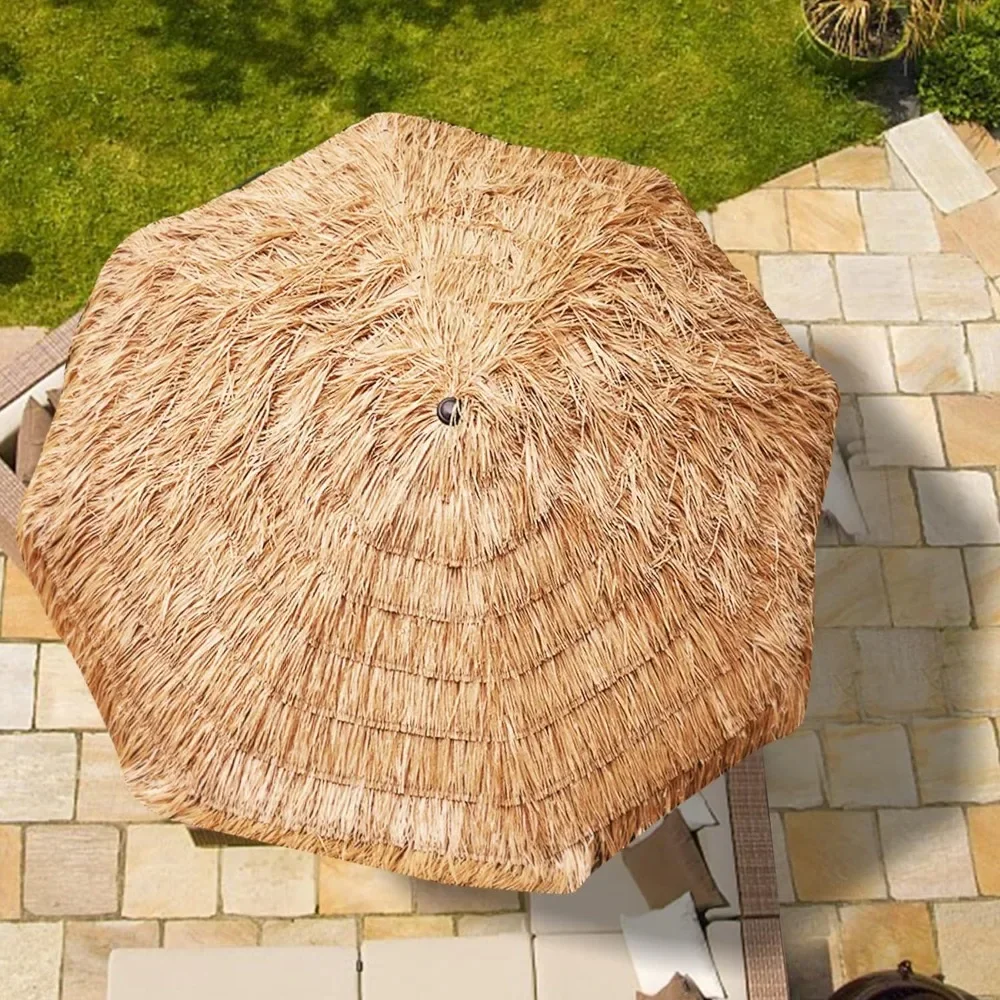 9ft Thatched Umbrella Hawaiian Style Beach Patio Umbrella and 8 Ribs with Crank Lift UPF 50+ Outdoor Bar