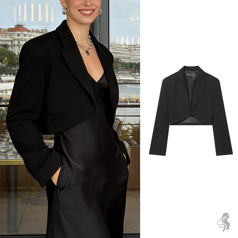 

Cropped Waist Revealing Womens Blazer Buttonless With Crossover Cut Stylish And Sleek Long Sleeve Work Suit Woman Clothes Tops