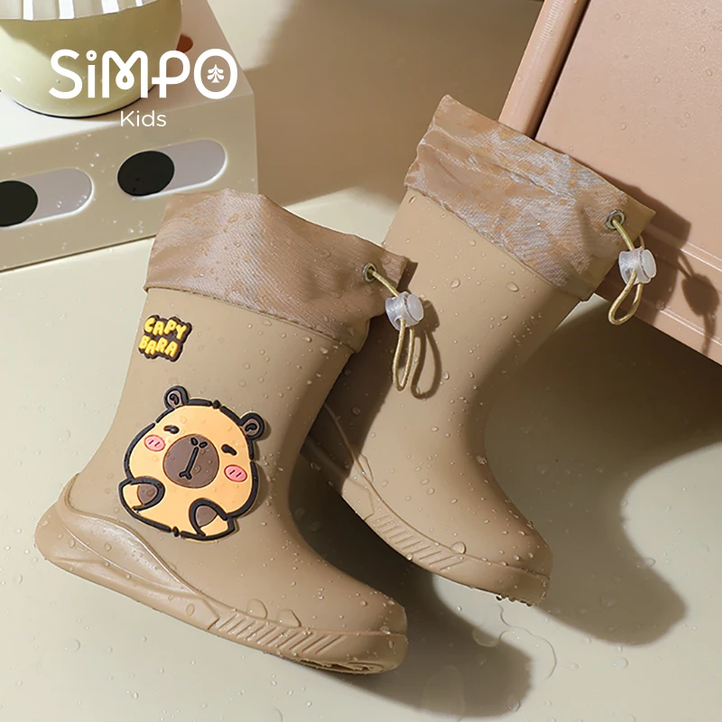 كابيبارا أحذية نصف رقبة من المطاط للأطفال المضادة للانزلاق أحذية المطر منتصف العجل للشباب مع شريط مرن صبي وفتاة أحذية المطر مريحة