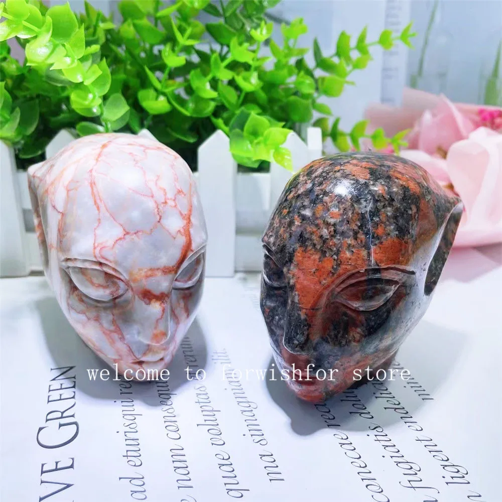 Natural Gem Carved Skull Specimens With Real Skeletal Craft, Skulls Decorated With Red Mesh Ornaments For Special Gifts