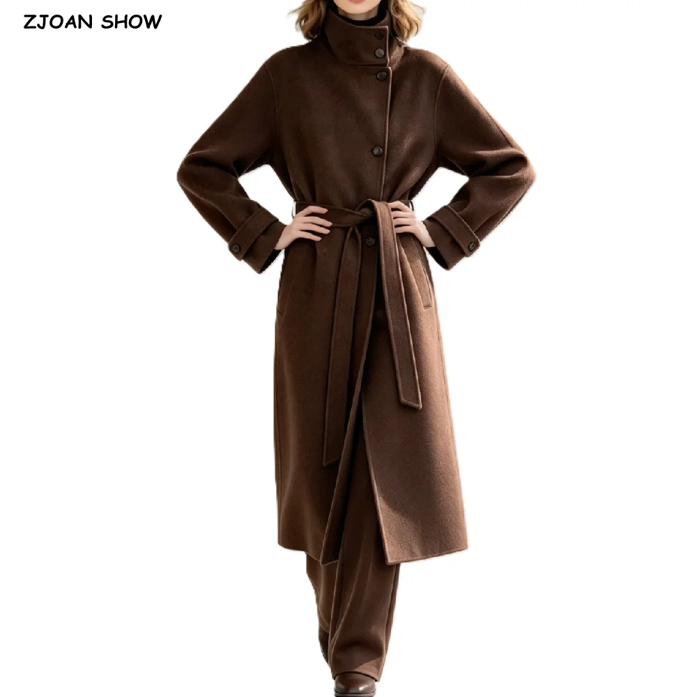 Abrigo largo de lana con solapa de piel sintética marrón claro, estilo chic, para otoño e invierno 2025, para mujer, con lazo y fajín, manga larga, sin botones, abrigo de gabardina