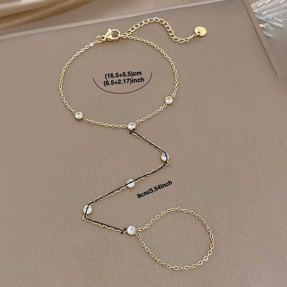 Chic Round Beads Zircon Bracelet for Women Gold Silver Color Stainless Steel Link Connected Finger Ring Bracelets Hand Jewelry - view 6