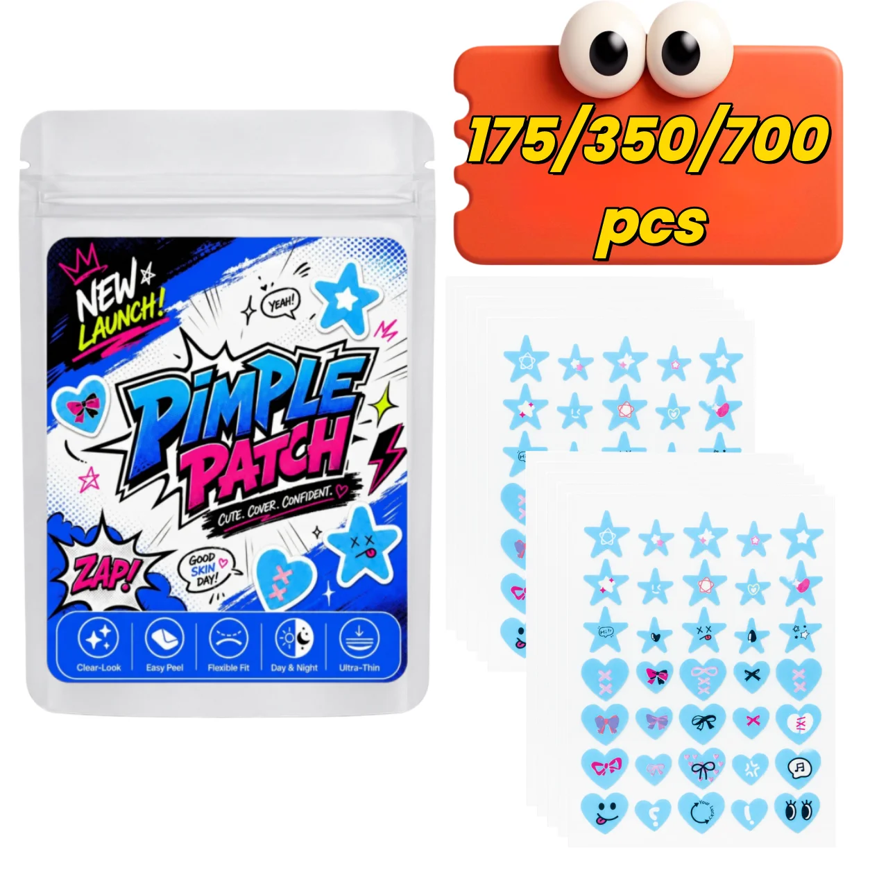 175/350/700 Pcs Pop Comic Blue Star Heart PE Pimple Patches, Clean-Look Spot Cover for Low-Profile Day & Night Wear