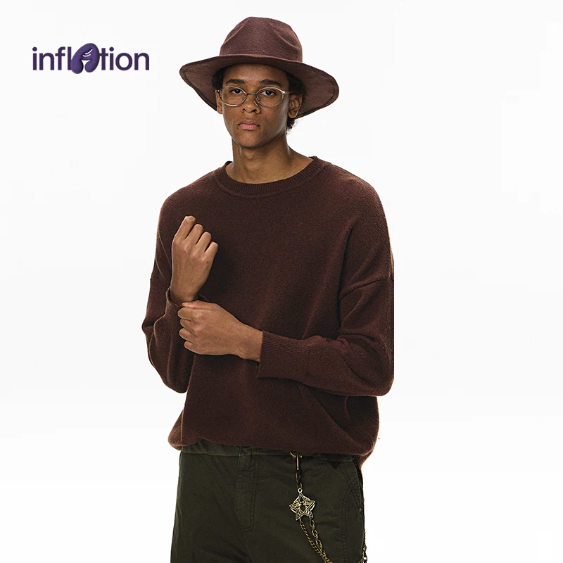 

INFLATION 2025 Autumn Men's Crew Neck Sweater High-Elastic Core-Spun Yarn Knit Top Loose Fit Streetwear Pullover