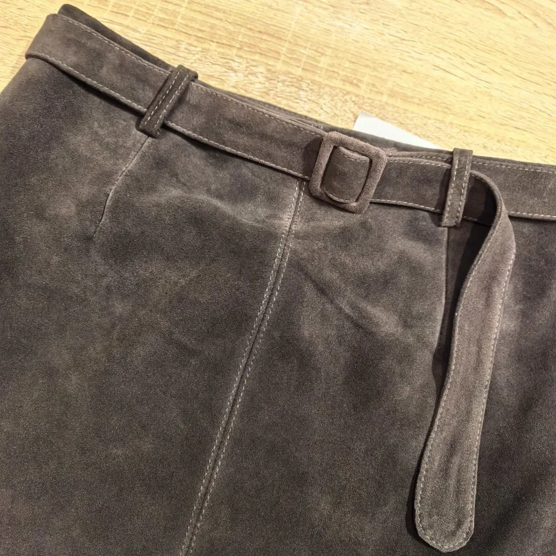 Retro Ladies Solid Color Genuine Leather Suede Long Skirts 88cm High Waist Belt Sheepskin Handmade Knee Length Skirt Vintage