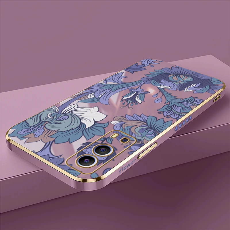 럭셔리 도금 소프트 TPU 폰 케이스 Vivo IQOO Z9 Z9X U5X U1X Neo Z3 Z7 충격 방지 실리콘 렌즈 보호 꽃무늬 커버