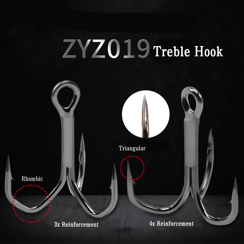 ZYZ Treble Hook 3/4X Enhancement Triangular Sharp Hook Point Barbed Diamond Bend High Strength Treble Fishhooks Tackle