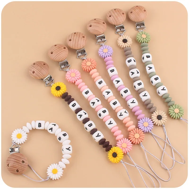 Baby Personalized Name Round Wooden Clips Flowers Silicone Beads Pacifier Chain for Teether Nursing Toys Handmade Dummy Holder