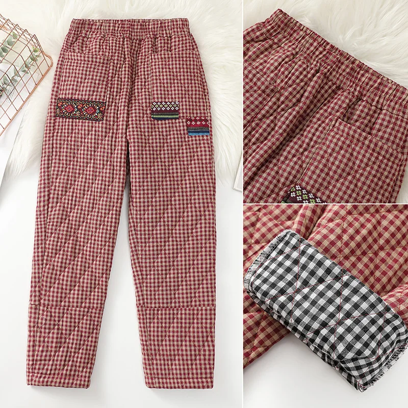 กางเกงขายาวทรงฮาร์ลานผ้าฝ้ายลายสก็อตย้อนยุคสำหรับผู้หญิง เอวสูง บุผ้าฝ้าย อุ่นสบาย เหมาะสำหรับฤดูใบไม้ร่วงและฤดูหนาว