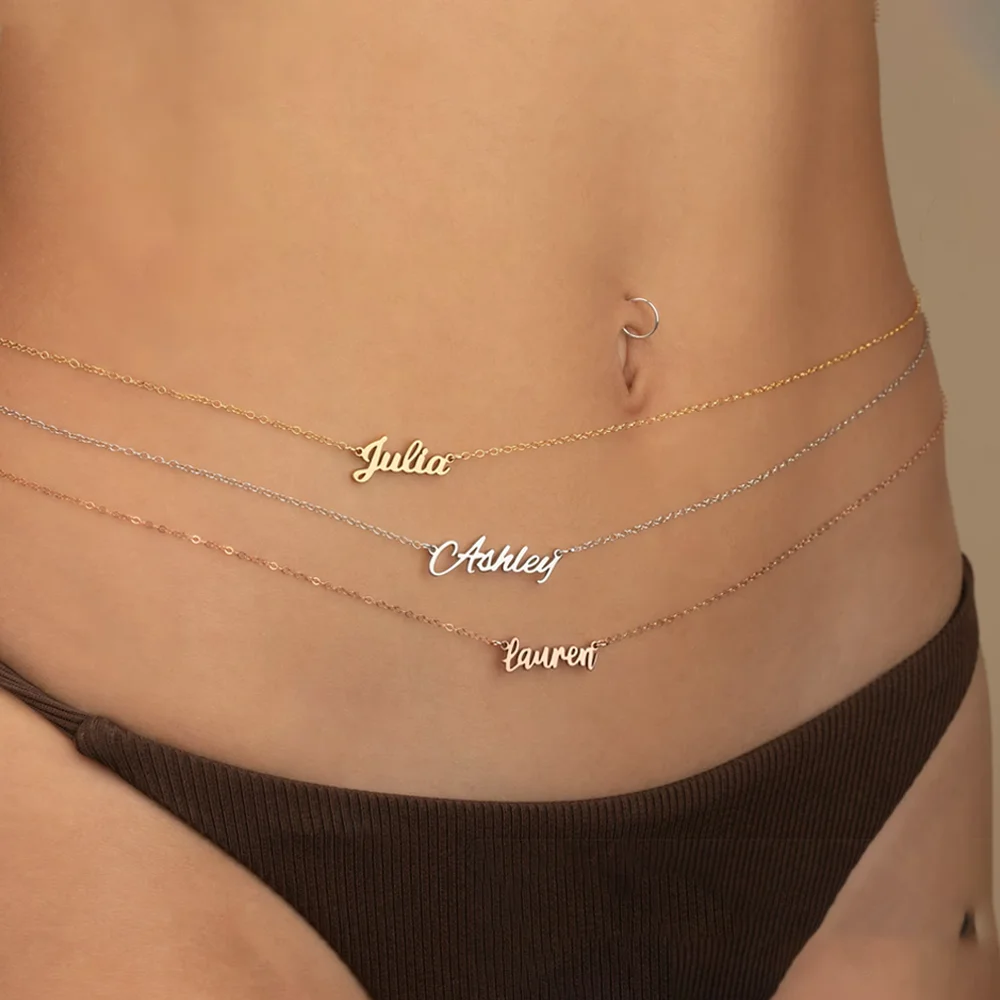 Haiyufly اسم مخصص سلسلة الخصر للنساء مجوهرات من صلب لا يصدأ الزركون الجسم البطن سلسلة شخصية هدية عيد ميلاد الصيف