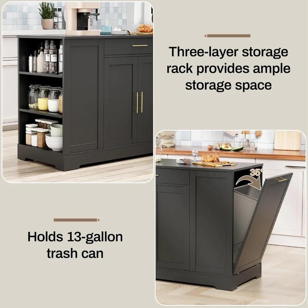 ชุดครัวแบบเกาะกลาง 53 พร้อมที่เก็บของ, รถเข็นครัวพร้อมที่ใส่ถังขยะแบบเอียงได้และท็อปไม้เนื้อแข็ง, โต๊ะอาหารเช้าพร้อมชั้นวางด้านข้าง 3 ชั้น