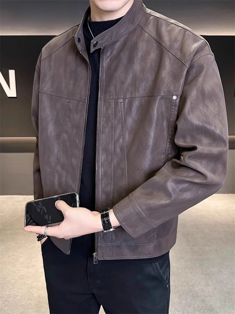 

High-End Men's Casual Stand Collar ort Motorcycle Leather Jaet Trendy Brand Premium Feel Leather Coat Autumn New Arrival