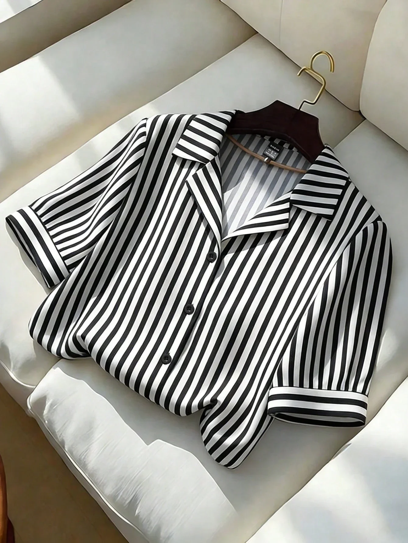 

Classic Black And White Striped Collared Short Sleeve Casual Women's Shirt