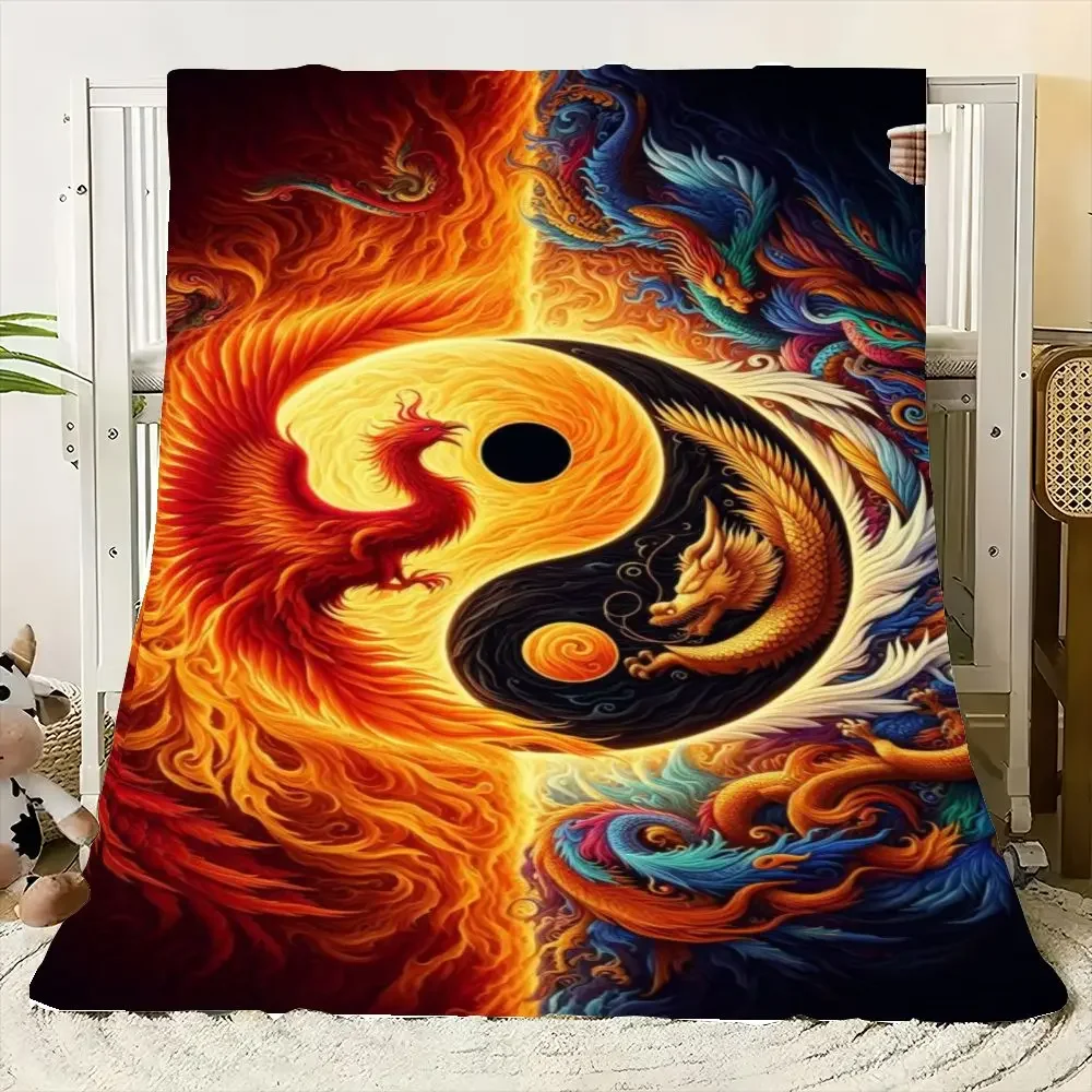 Vibrant Yin-Yang Phoenix and Dragon Blanket - Surreal Artwork Featuring Fiery Red Phoenix and Ethereal Blue Dragon, Cozy and Sof