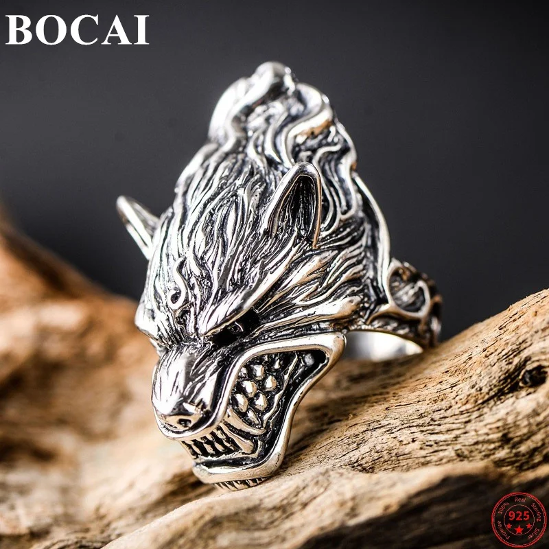 BOCAI S925 Sterling Silver Ring for Men New  Fashion Three-dimensional Wolf Head Vintage Pure Argentum Punk Rock Jewelry