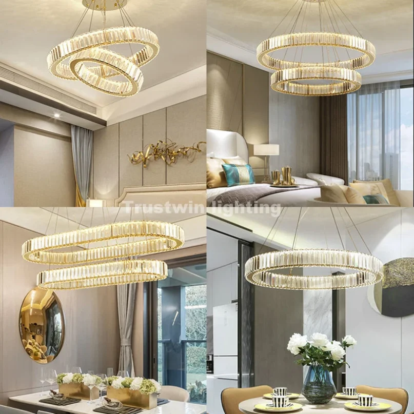 

Golden Chrome Round Ring Hanging Light Modern LED Crystal Ceiling Chandelier Lamp For Dinning Living Room Hall Staircase