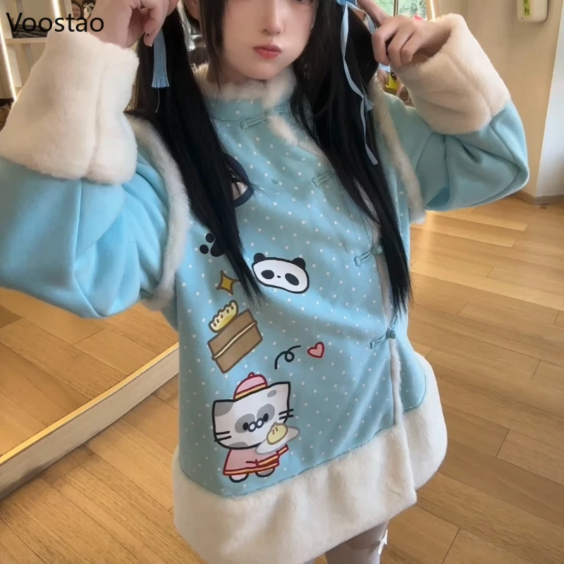 

Japanese Kawaii Lolita Cartoon Print Coats Cute Fur Patchwork Grunge Warm Jackets Autumn Winter Loose Harajuku Sweet Button Tops