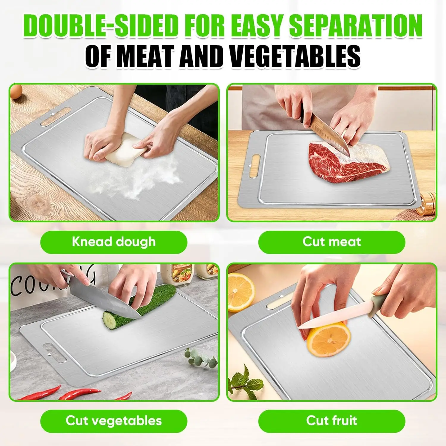 Tábua de cortar de titânio dupla face com ranhura de suco, durável para carne e produção (grande, 1,5 mm de espessura)