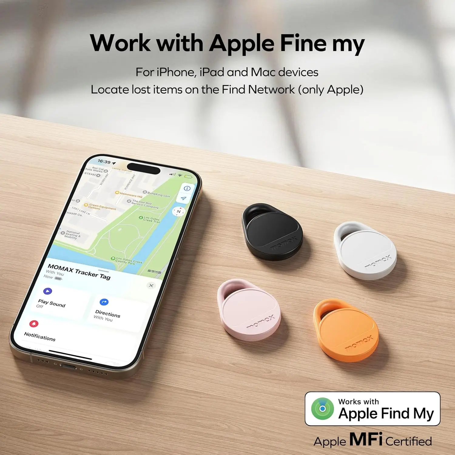 Momax Key Finder Tracker Tag, Smart Bluetooth Tracking Device with Find My (iOS Only), Replaceable Battery