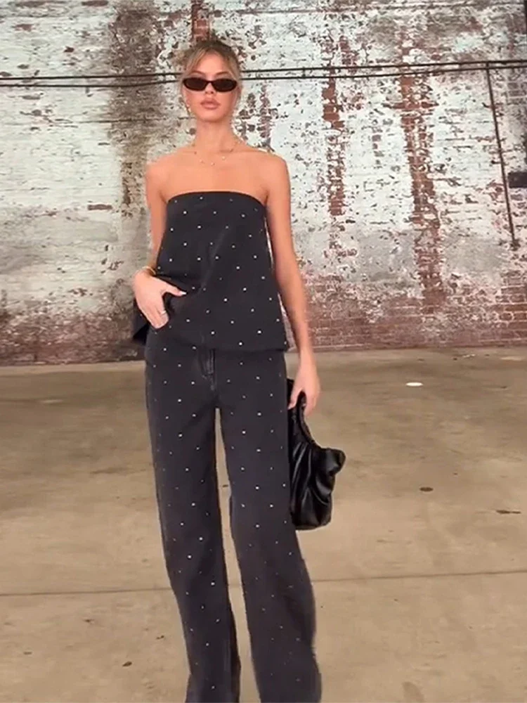 CPSYMYM Mode Diamant Tube Top Broek Sets Vrouwen Sexy Strapless Mouwloos Backless Vest Wijde Pijpen Broek Zomer Dame Outfit