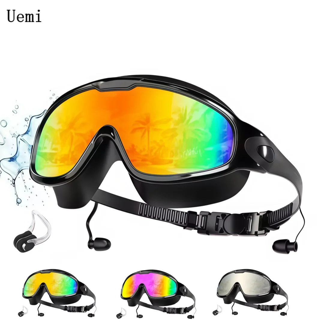 Schwimmbrille für Erwachsene mit weitem Sichtfeld, beschlagfrei, UV-Schutz, auslaufsicher, mit Ohrstöpseln für Männer, Frauen und Jugendliche