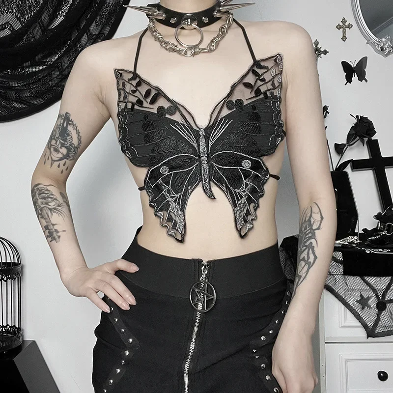 Gothic Lace Mesh Crop Tops Black Sexy Spaghetti Strap Corset Tops Goth Punk Grunge Fairy Core Halloween Y2K Aesthetic Clothes