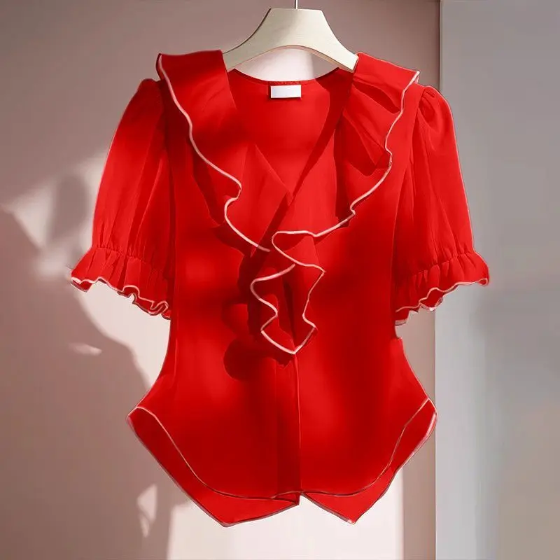 Damesmode Ruches Patchwork Chiffon Blouse Zomer 2025, Nieuw Temperament Geplooid Losse Effen Kleur V-hals Korte Mouwen