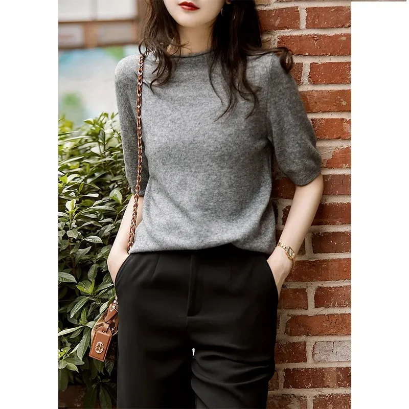 Women\'s Half-Turtleneck Blouse, Casual Knitted Shirt, Solid Loose Tops, Chic Clothing, Korean Fashion, Summer, 2024, 13777