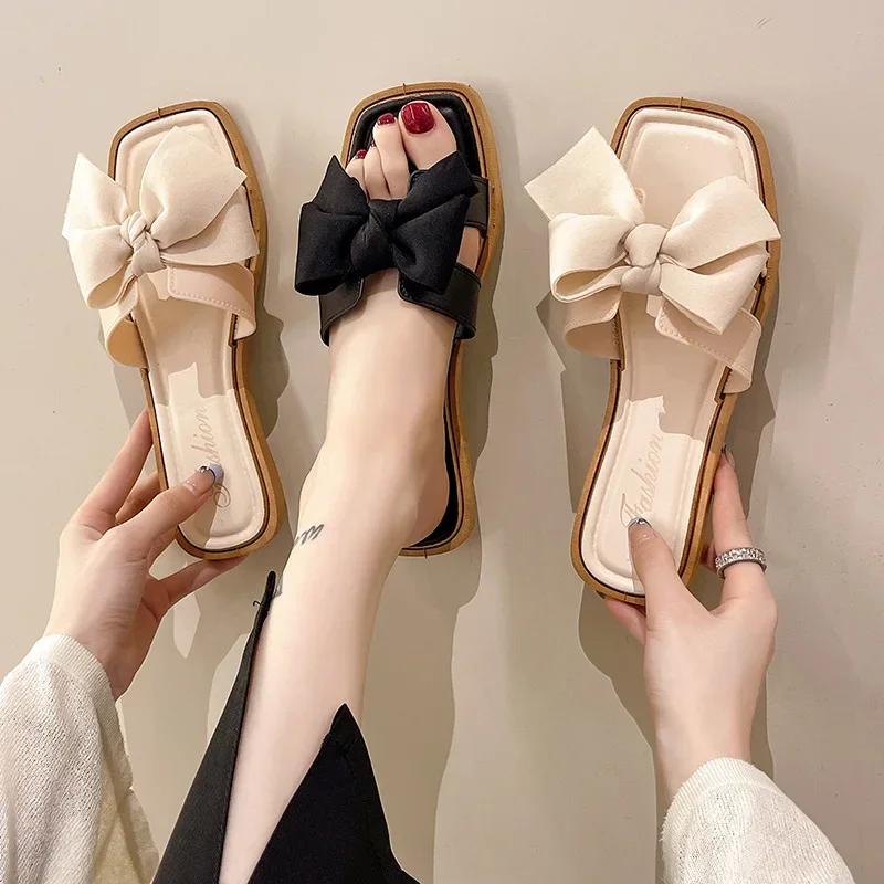 Large Size Butterfly Knot Slippers Summer New Round Head Open Toe Fabric Soft Soles Anti-slip Wear-resistant Flat Shoes
