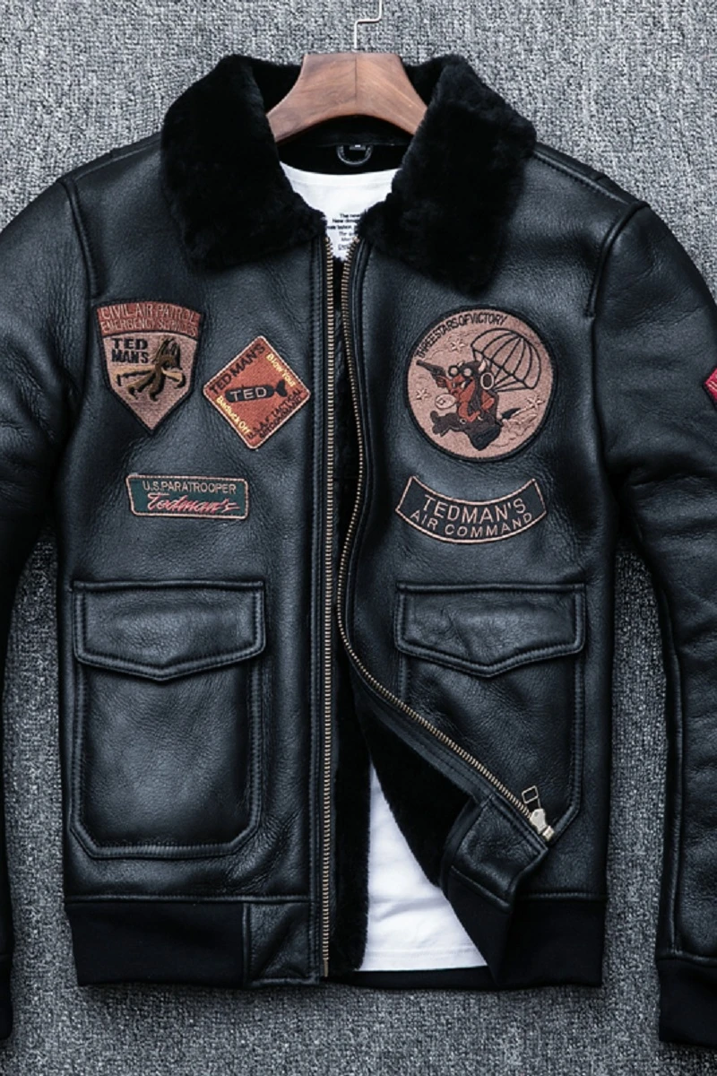 Winter Warm Shearling Coat Men 8 Patches Bomber Flight Jackets