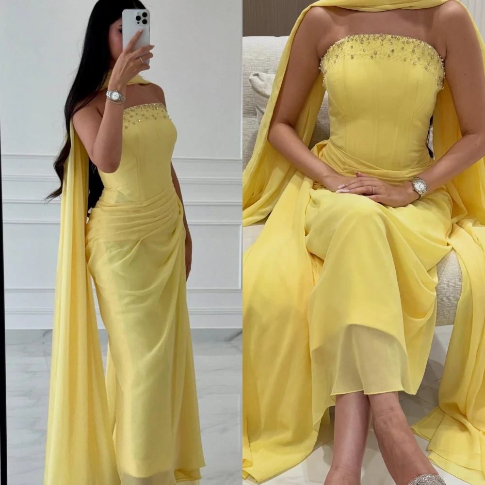 ชุดเดรสยาวทรงตรงแบบไม่มีสายผูกไหล่ ผ้าชีฟองพลีทประดับคริสตัล ดีไซน์เรียบหรู แบบสั่งตัดพิเศษ สำหรับโอกาสพิเศษต่างๆ แฟชั่นคลาสสิก
