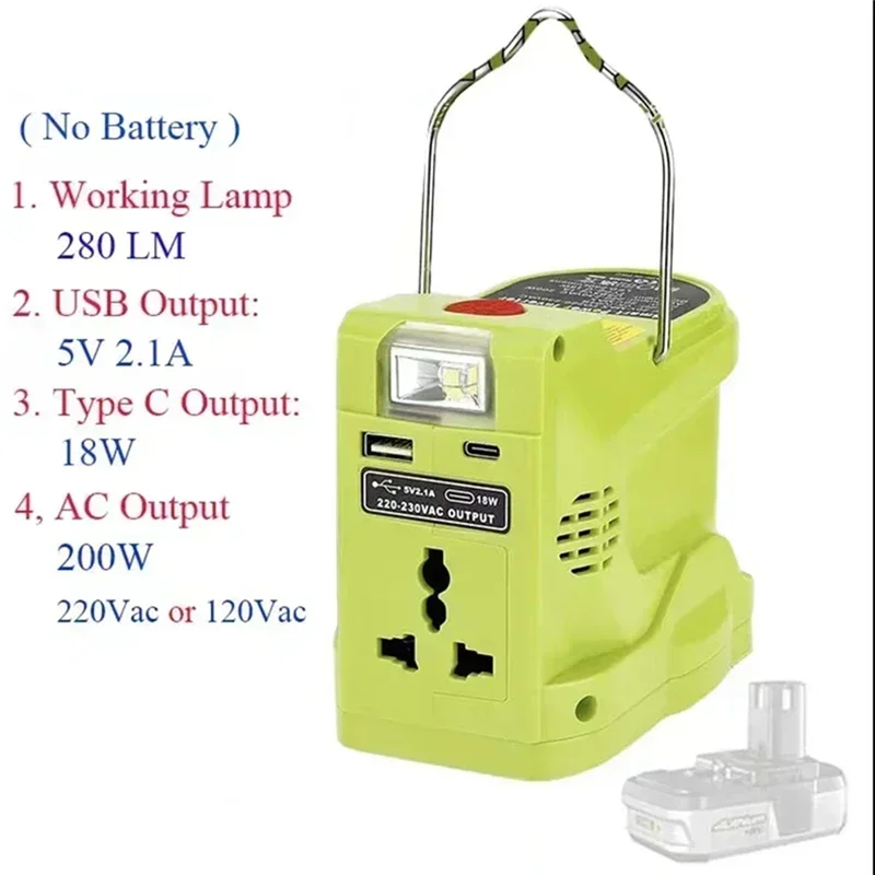 【Venta caliente】inversor de batería de litio de 200W lámpara de trabajo LED banco de energía USB para batería de níquel de litio Ryobi de 18V P102 P103 P104 P107 P108
