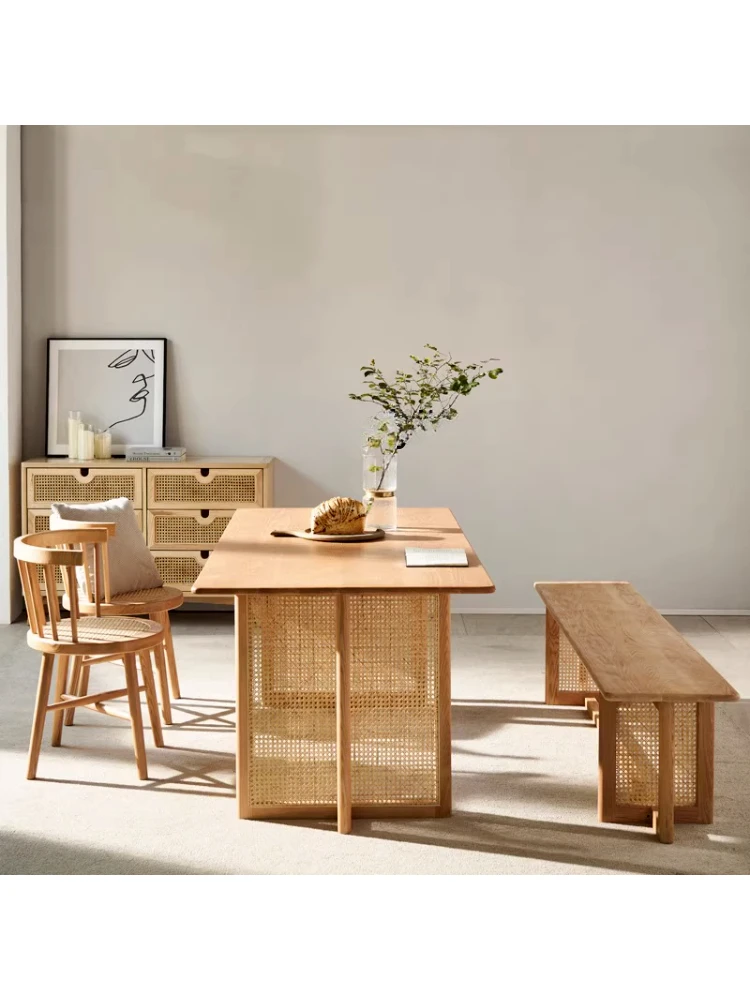 Nordic Solid Wood Dining Table Home Dining Tables and Chairs Set Japanese Rattan Modern MinimalistOutdoor Gathering Dining