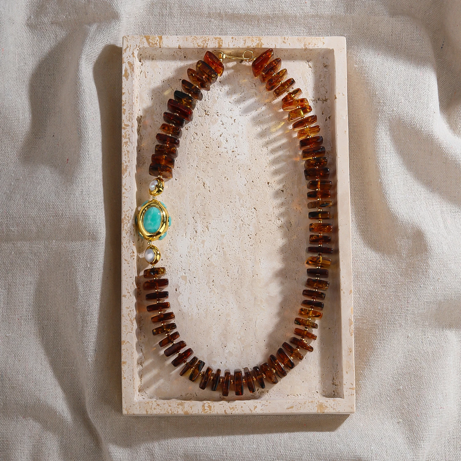 

Women's Vintage Elegant Copper Natural Amber Necklace Pearl Larimar Charm Beads 24K/18K Gold Plated Fashion for Birthday