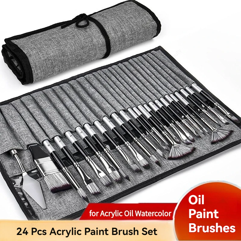 24 Pc Acrylic Paint Brush Set Enhanced Synthetic Brush with Cloth Roll and Palette Knife for Acrylic Oil Watercolor Art supplies