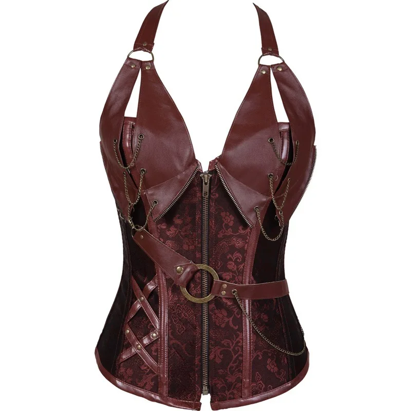 Adult Medieval Viking Pirate Costume Women Gothic Knight Corset Halloween Cosplay Steampunk Leathter Halter Vest Metal Cuirass