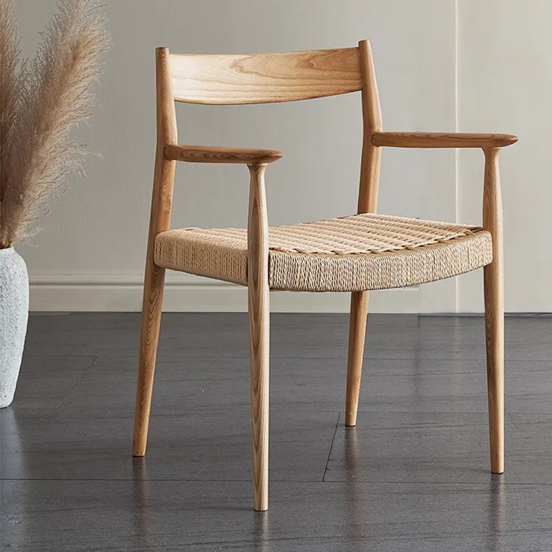 

Скандинавское кресло-весло из цельного дерева, вязаный обеденный стул ваби-саби, рабочий стул для учебы, современный простой настольный стул с подлокотником