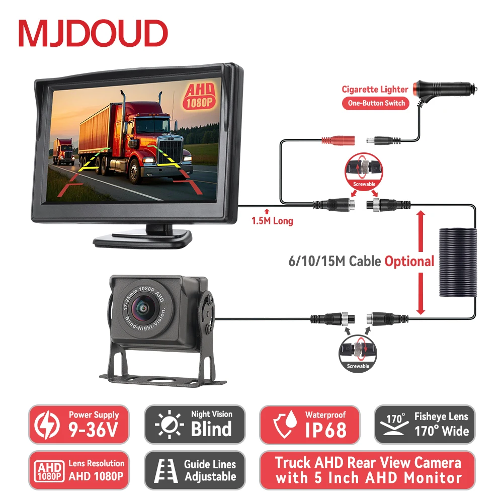 MJDOUD AHD Truck Rear view Camera with 5 Inch Monitor for Car Paking Waterproof Rervesing Camera with Screen Easy Installation