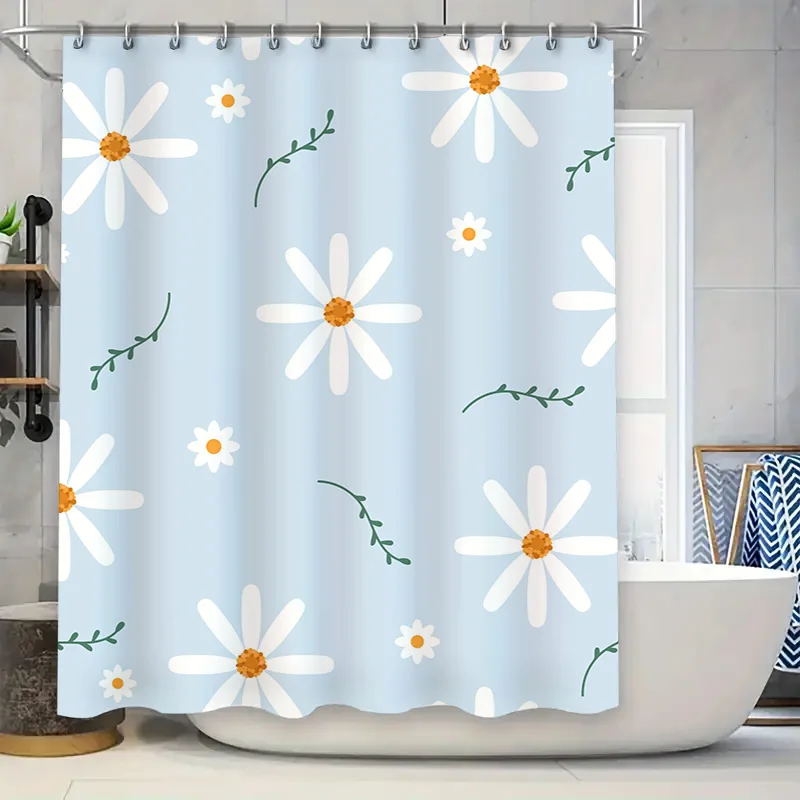 

White Flowers Shower Curtain Waterproof Bathroom Decoration Home Decor Washable Fabric Flower Print for Bathtub Sink Area (Blue)