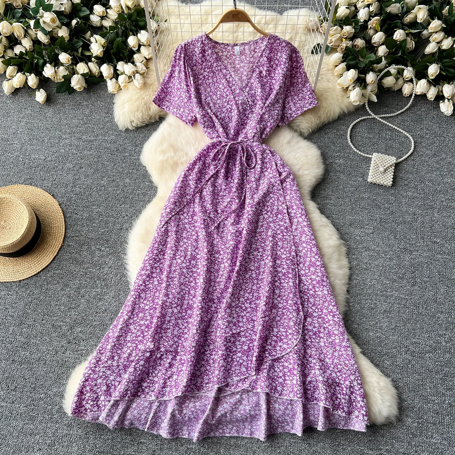 Summer Beach Maxi Dress Women Floral Print Boho Long Dress Ruffles Wrap Casual V-Neck Split Sexy Party Dress Robe Femme