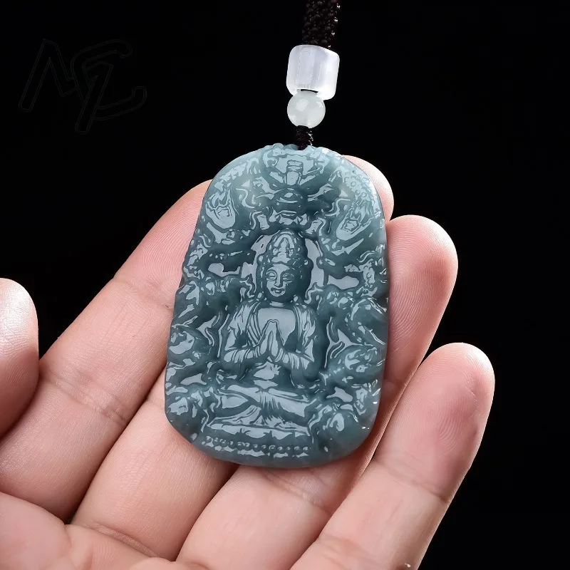Real Natural Emerald Jade Blue Water Nine Dragons Guanyin Pendant Necklace Carved Charm Jadeite Jewelry Gifts Certificate view 4