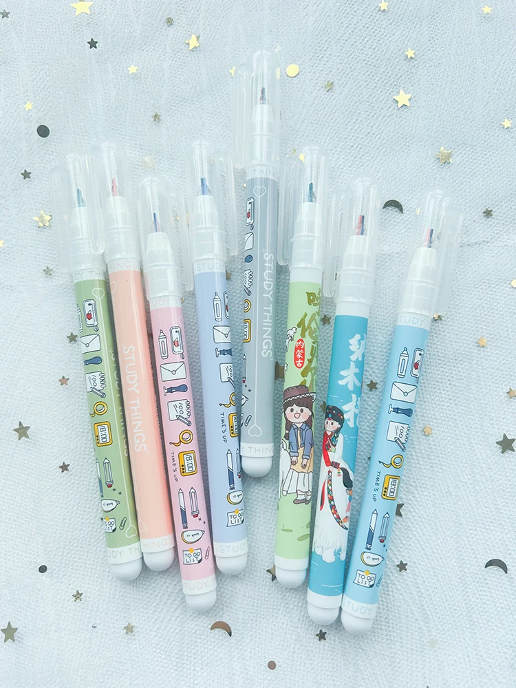 2 PCs Novelty 2 Lines Pen 2 Colors Marker Pen Kawaii Stationery Colorful Gel Pen 0.5mm Korean Stationery Cool Pens Diary Study