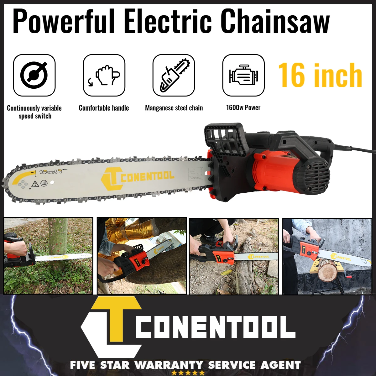 CONENTOOL Electric Chainsaw 16 Inch, 1600W Corded Chain Saw , All Copper Motor High Power Handheld Wood Cutting Pruning Tool