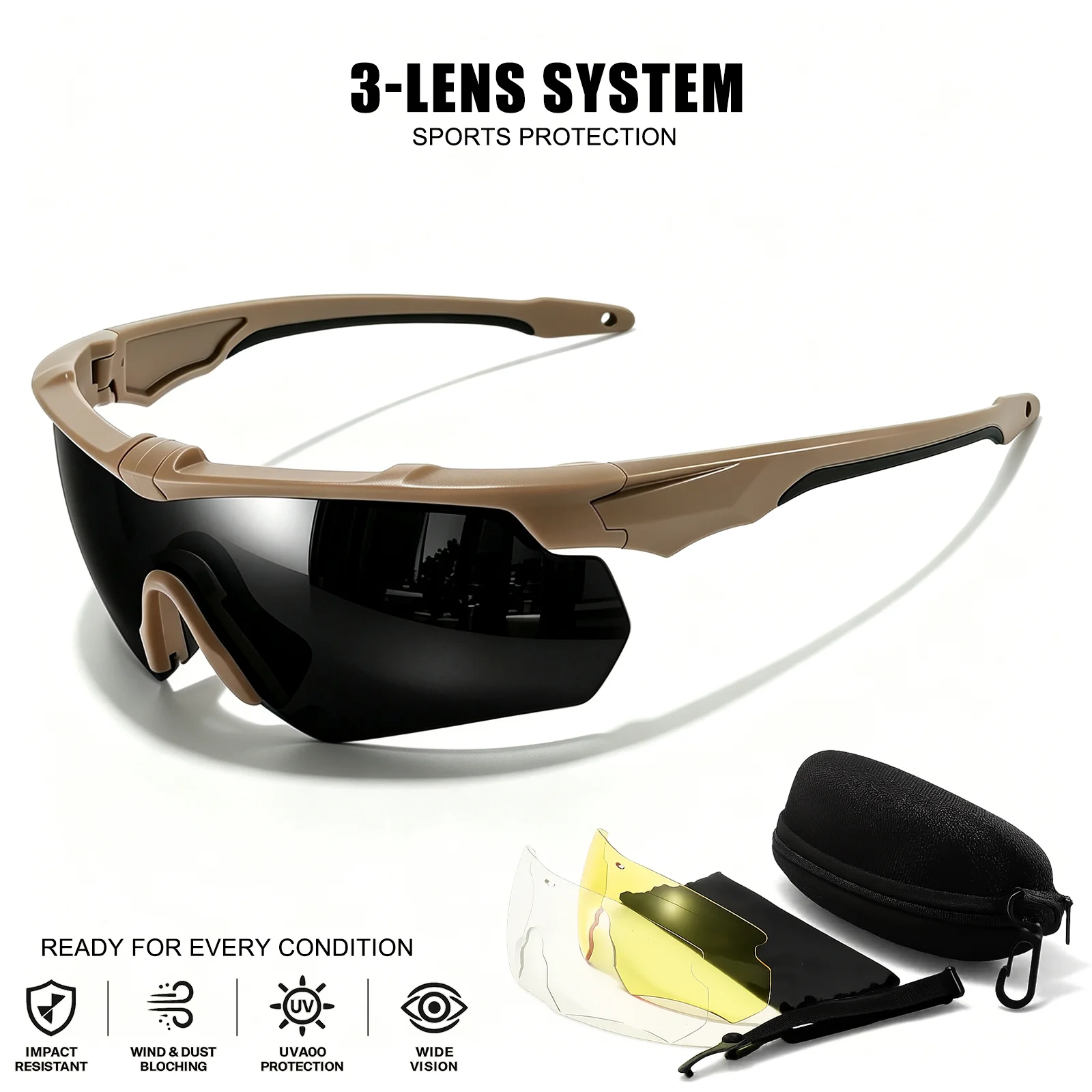 3-Linsen-Sport-Schutzbrille, UV400 Stoßfeste Winddichte Brille für Radfahren, Motorradfahren, Jagd & Outdoor-Sport – Detail 10