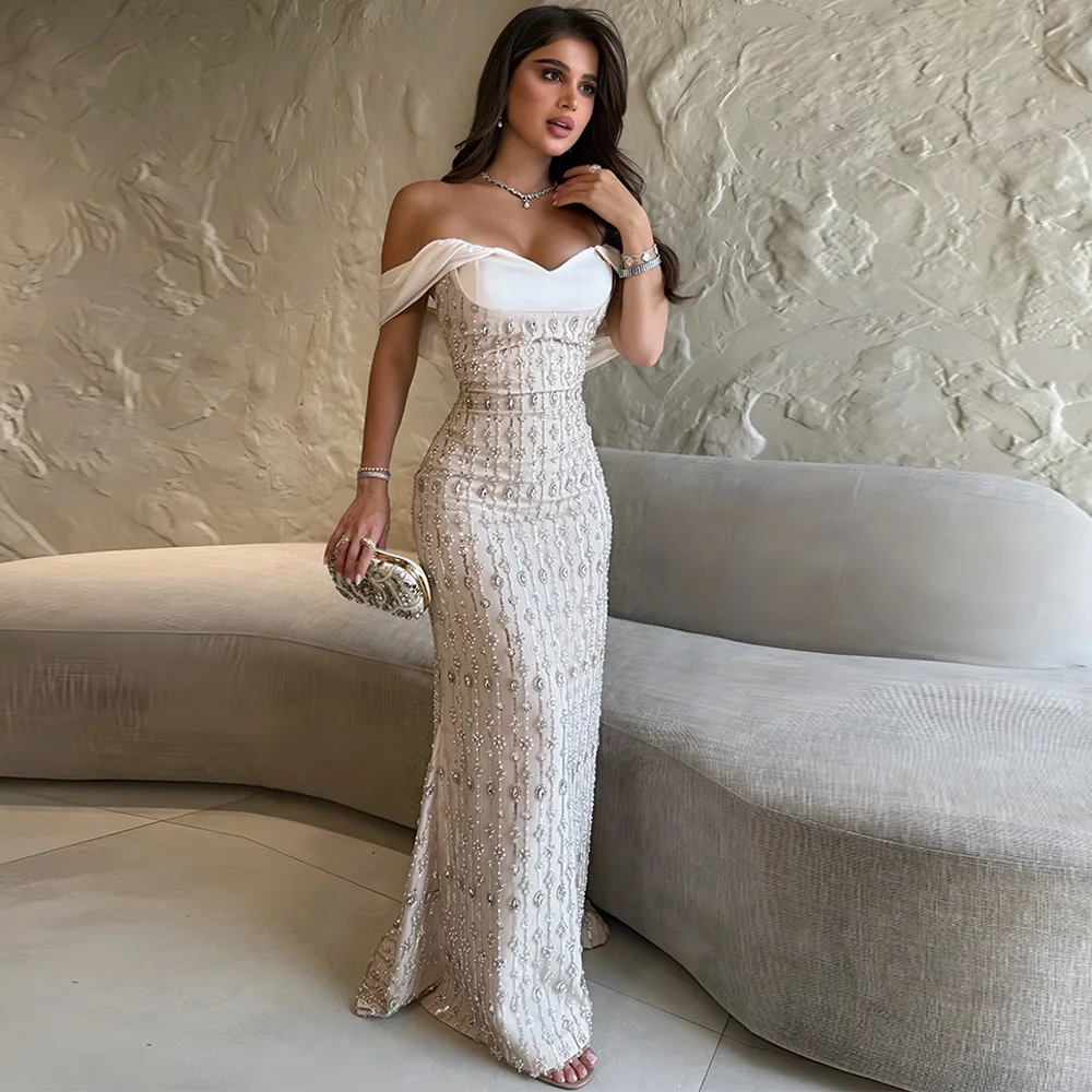 Classic Off the Shoulder Celebrity Gowns Exquisite Beading Crystal Robe de soirée Customized Organza Mermaid Evening Dress