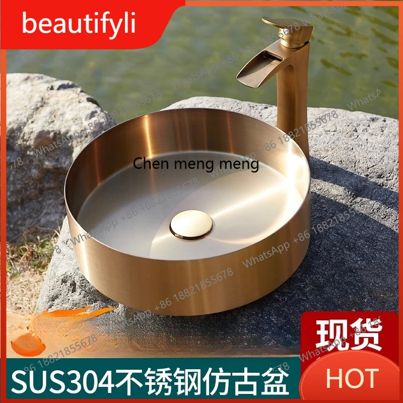 

A139 Villa courtyard stainless steel wash basin antique outdoor round table basin hotel golden wash basin