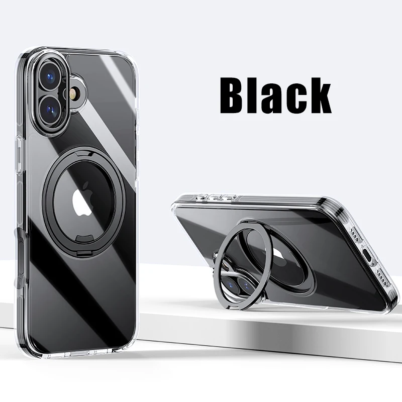 HD Transparent Magnetic Stand Phone Case For iPhone 12 13 14 15 16 Pro Max Plus Airbag Protection Metal Lens Shockproof Cover