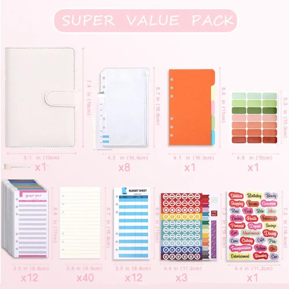 

A6 Binder Ledger Macaron Colorful PU Leather Budget Binder Notebook with Zipper Envelopes Cash Envelopes Budget Planner