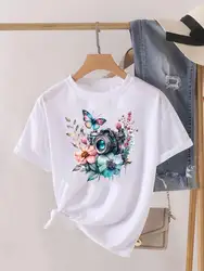 Camiseta estampada de manga corta para mujer, camisa con estampado de mariposa y flores, cuello redondo