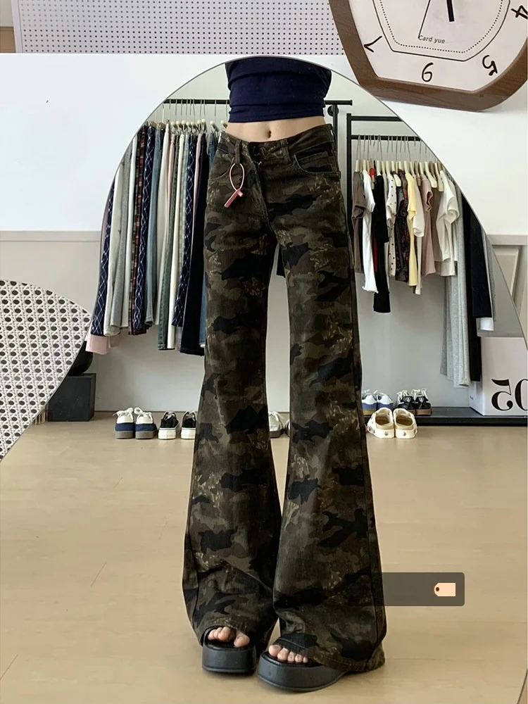 

Ретро-джинсы-клеш в американском камуфляжном стиле для женщин, с низкой посадкой, длиной в пол, удобные, дышащие, из денима